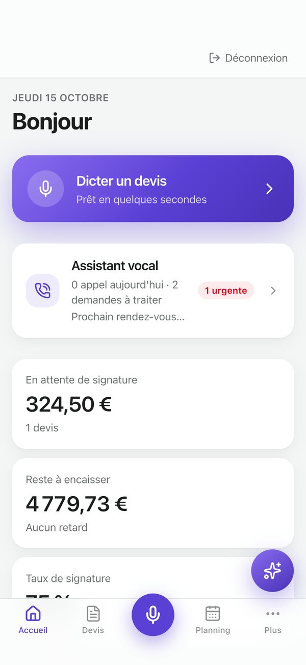 Accueil de l'app : appels du jour, demandes à traiter et devis en attente