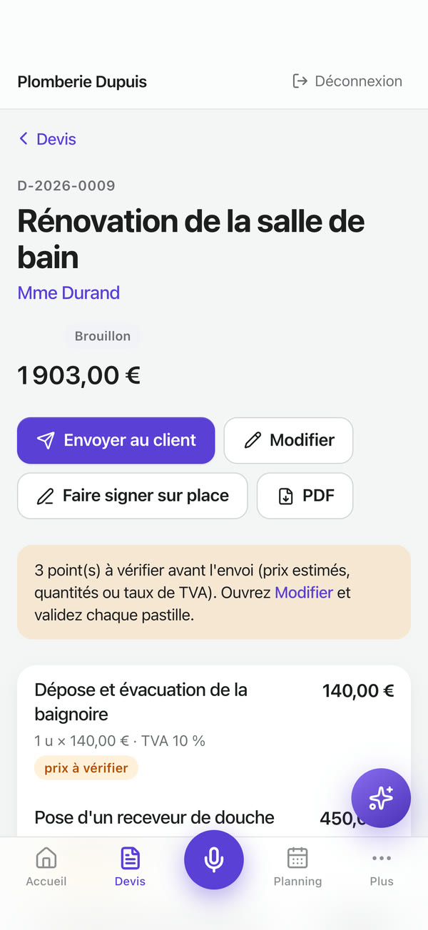 Devis avec les points à vérifier