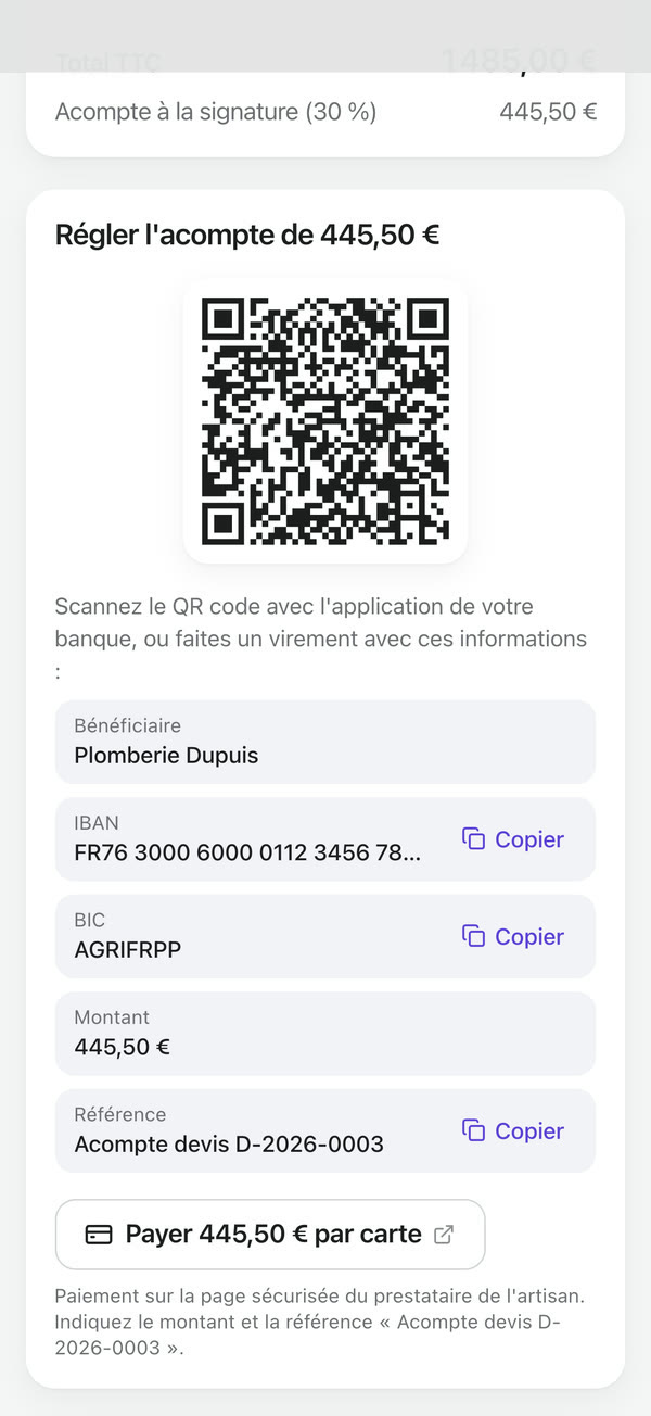 Page de paiement de l'acompte avec le code de virement
